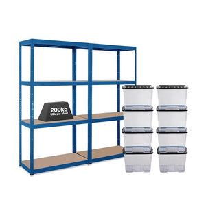 Strata Storage Box Frame 2x Storalex VRS Shelving Units 1600mm High Blue with 8x 24L Strata ...