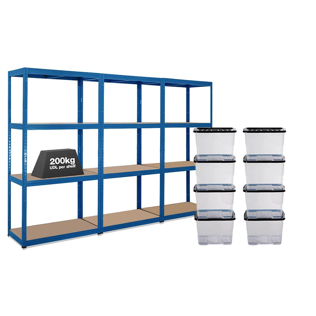 Strata Storage Box Frame 3x Storalex VRS Shelving Units 1600mm High Blue with 8x 24L Strata ...