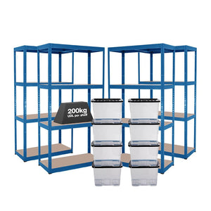 4x VRS Shelving Units - 1600mm High - Blue with 8x 24L Strata Plastic Storage Boxes