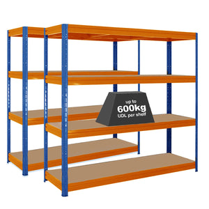 2x HRX Industrial Shelving - 1770mm High - up to 600kg - Blue & Orange