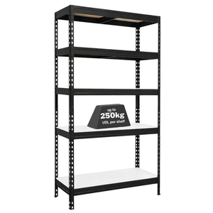 1x MSR Garage Shelving - 1800mm High - Up to 250kg - White Coated MDF Decks - Black