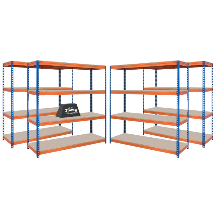 4x CRW Heavy Duty Garage Shelving - 2000mm High - 500kg - Blue & Orange
