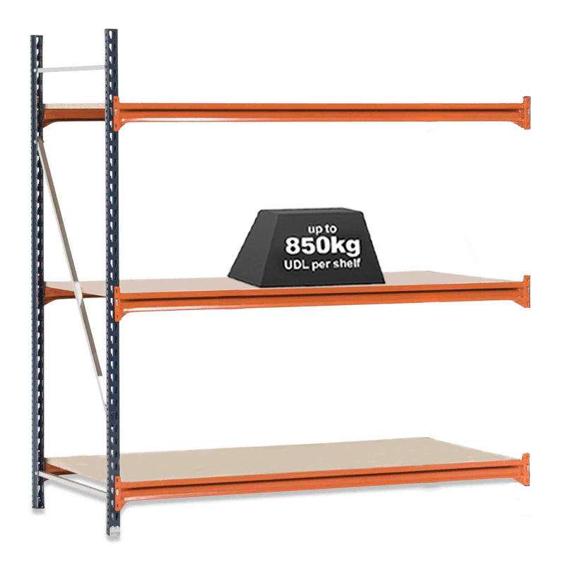 1x Mecalux Heavy Duty Longspan Shelving Extension Kit - 3000mm High - Blue & Orange