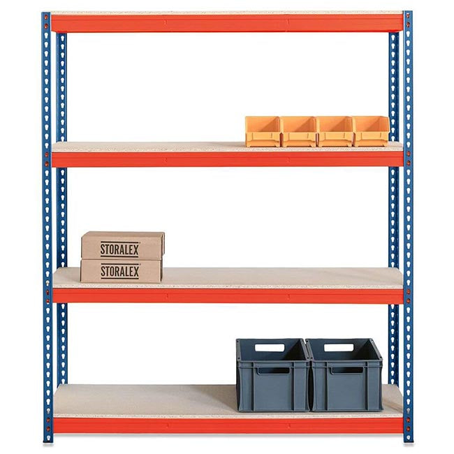 2x CRW Heavy Duty Shelving - 1600mm High - Blue & Orange with 8x 37L Wham DIY Plastic Storage Boxes