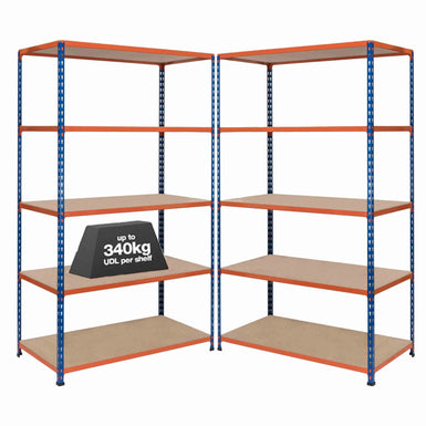 2x SX340 Industrial Shelving - 1980mm High - 340kg - Chipboard - Blue & Orange