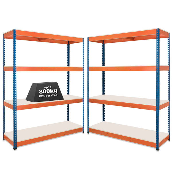 2x SX800 Industrial Shelving - 1980mm High - 800kg - Melamine - Blue & Orange