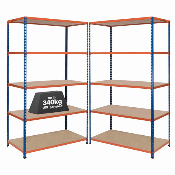 2x SX340 Industrial Shelving - 2440mm High - 340kg - Chipboard - Blue & Orange