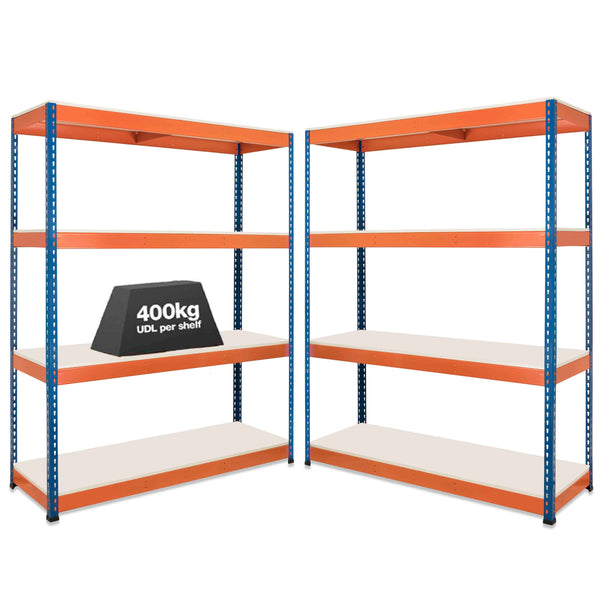 2x SX400 Industrial Shelving - 1980mm High - 400kg - Melamine - Blue & Orange