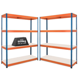 2x SX800 Industrial Shelving - 2440mm High - 800kg - Melamine - Blue & Orange