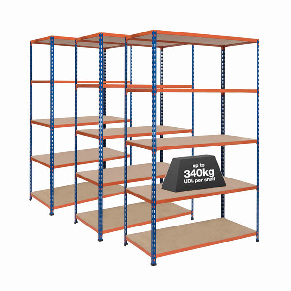 3x SX340 Industrial Shelving - 1980mm High - 340kg - Chipboard - Blue & Orange