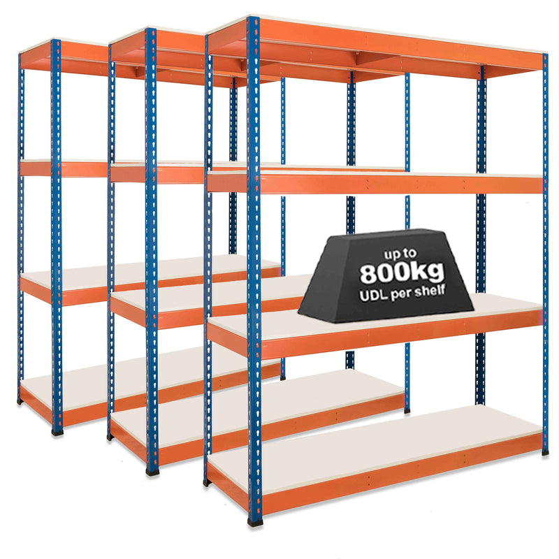 3x SX800 Industrial Shelving - 2440mm High - 800kg - Melamine - Blue & Orange