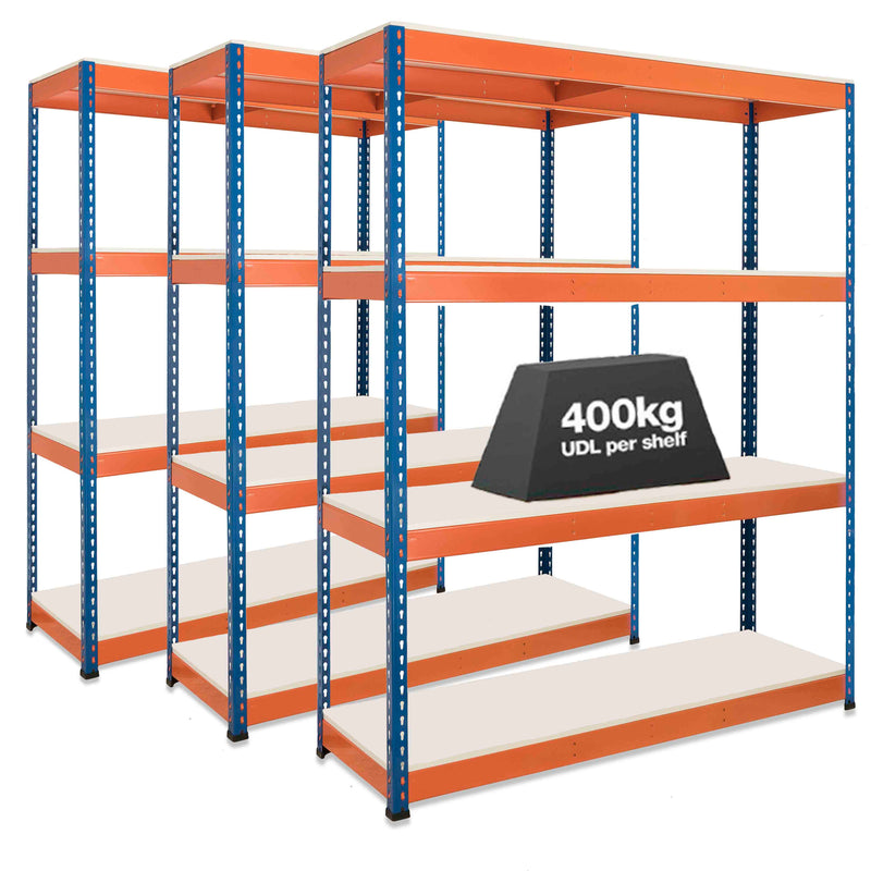3x SX400 Industrial Shelving - 2440mm High - 400kg - Melamine - Blue & Orange