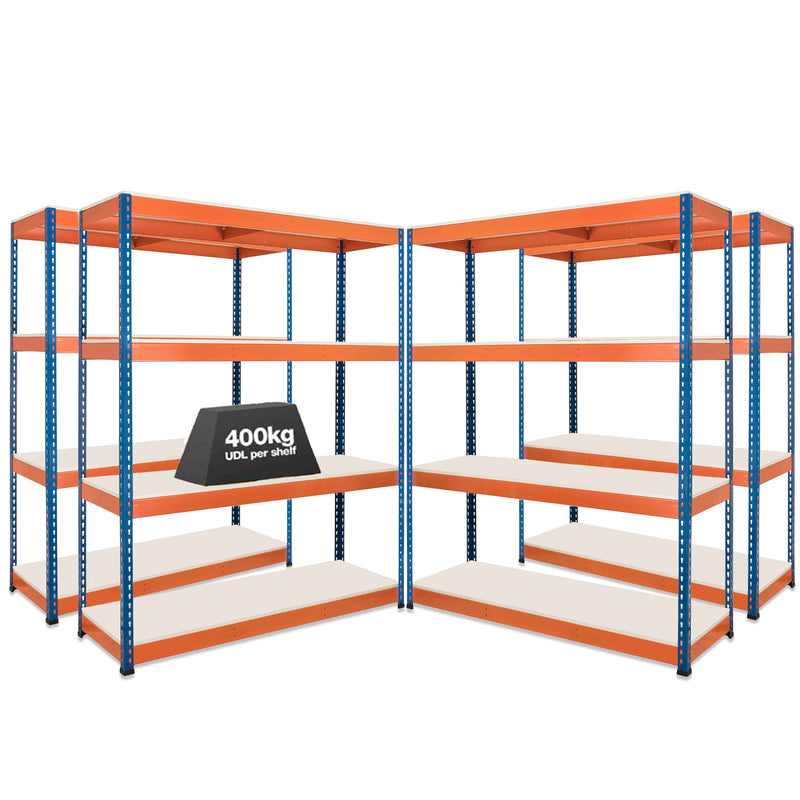 4x SX400 Industrial Shelving - 1677mm High - 400kg - Melamine - Blue & Orange