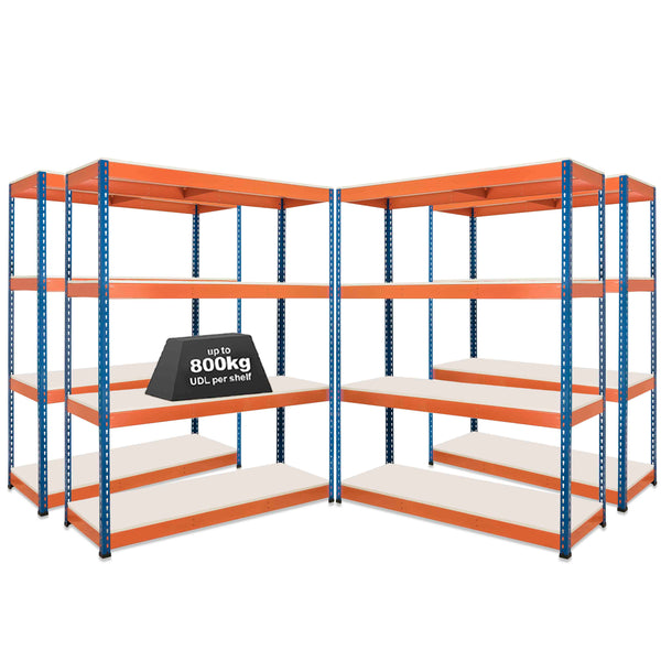 4x SX800 Industrial Shelving - 3050mm High - 800kg - Melamine - Blue & Orange