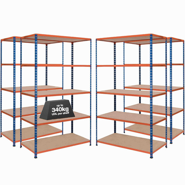 4x SX340 Industrial Shelving - 1980mm High - 340kg - Chipboard - Blue & Orange