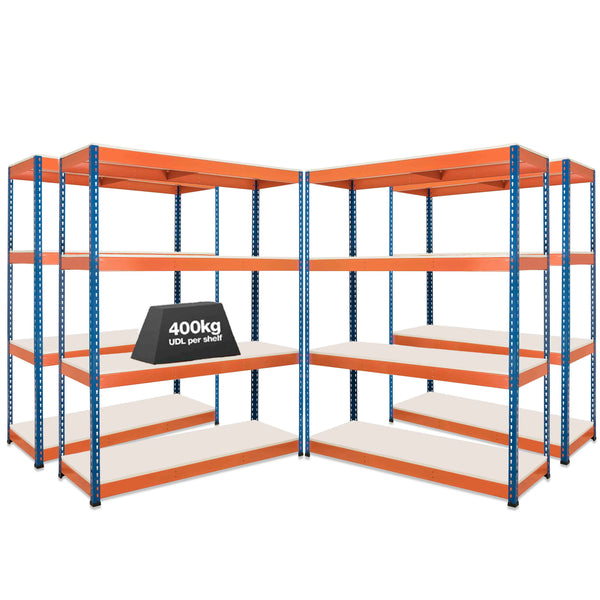 4x SX400 Industrial Shelving - 2440mm High - 400kg - Melamine - Blue & Orange