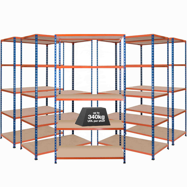 5x SX340 Industrial Shelving - 1980mm High - 340kg - Chipboard - Blue & Orange