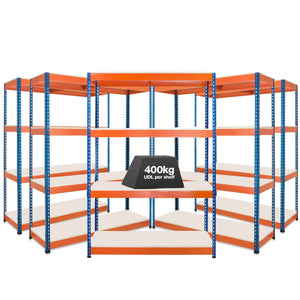 5x SX400 Industrial Shelving - 1677mm High - 400kg - Melamine - Blue & Orange
