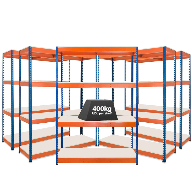 5x SX400 Industrial Shelving - 2440mm High - 400kg - Melamine - Blue & Orange