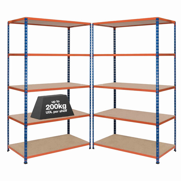 2x SX200 Industrial Shelving - 1830mm High - 200kg - Chipboard - Blue & Orange