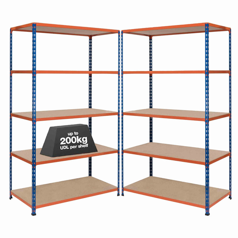 2x SX200 Industrial Shelving - 2440mm High - 200kg - Chipboard - Blue & Orange