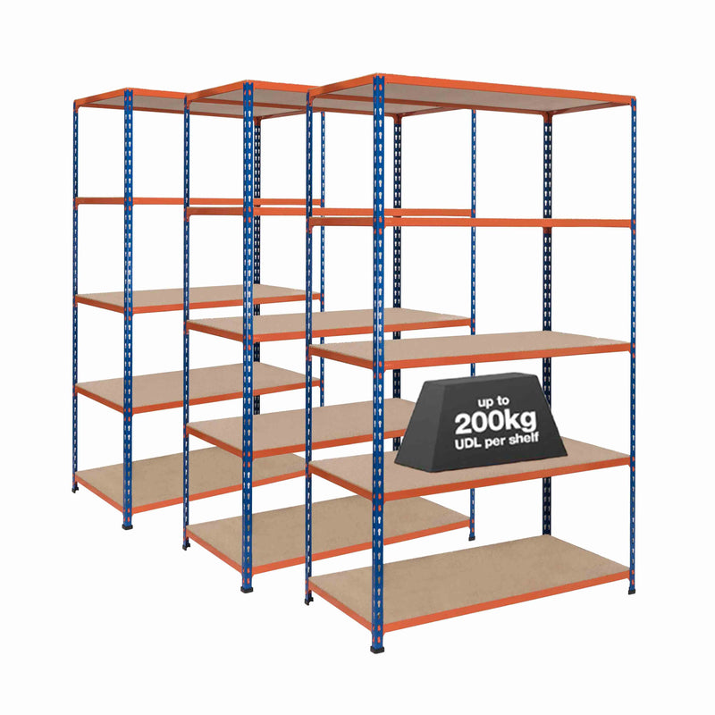 3x SX200 Industrial Shelving - 1830mm High - 200kg - Chipboard - Blue & Orange