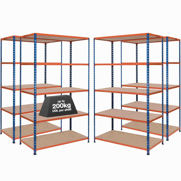 4x SX200 Industrial Shelving - 2440mm High - 200kg - Chipboard - Blue & Orange