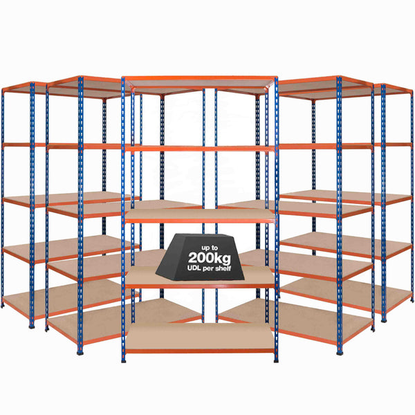 5x SX200 Industrial Shelving - 1830mm High - 200kg - Chipboard - Blue & Orange