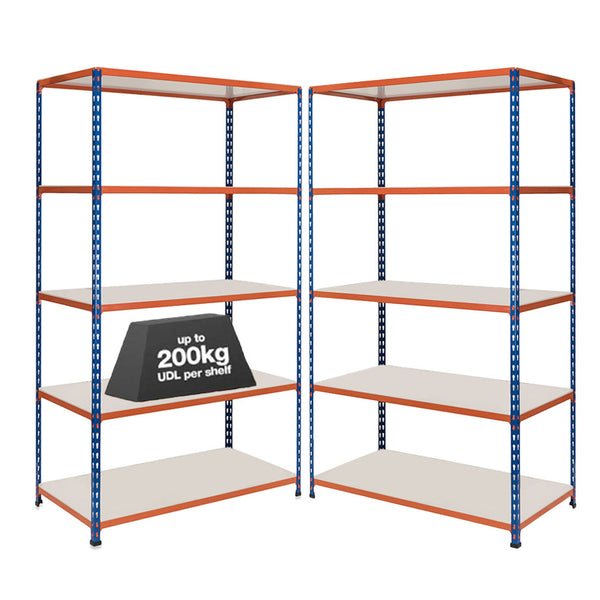 2x SX200 Industrial Shelving - 1830mm High - 200kg - Melamine - Blue & Orange