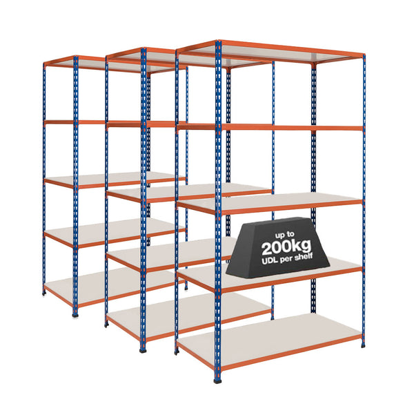 3x SX200 Industrial Shelving - 1830mm High - 200kg - Melamine - Blue & Orange