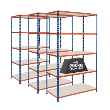 3x SX200 Industrial Shelving - 2440mm High - 200kg - Melamine - Blue & Orange