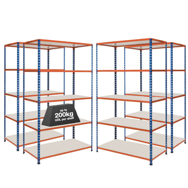 4x SX200 Industrial Shelving - 2440mm High - 200kg - Melamine - Blue & Orange
