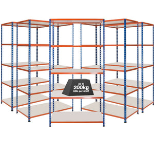 5x SX200 Industrial Shelving - 2440mm High - 200kg - Melamine - Blue & Orange