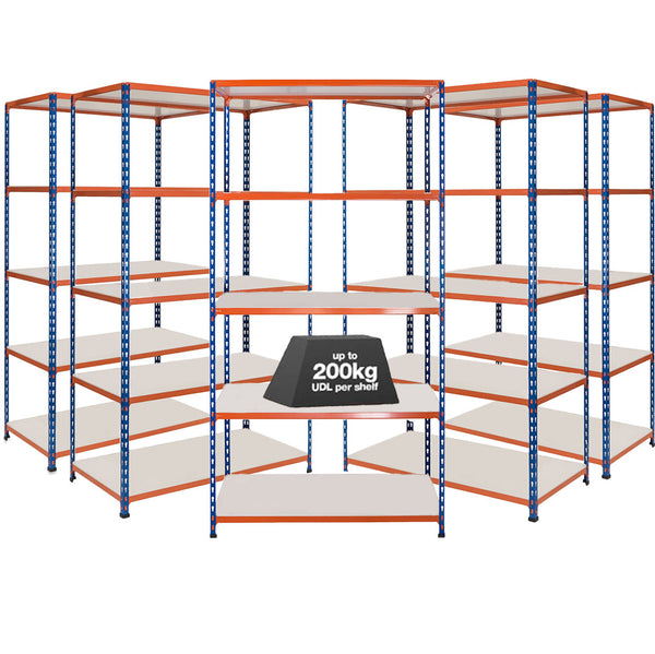 5x SX200 Industrial Shelving - 2440mm High - 200kg - Melamine - Blue & Orange