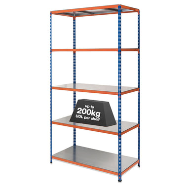 1x SX200 Industrial Shelving - 2440mm High - 200kg - Steel - Blue & Orange