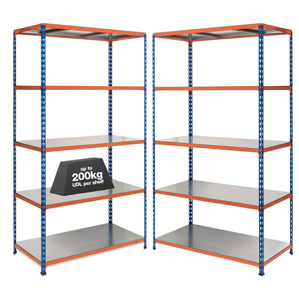 2x SX200 Industrial Shelving - 2440mm High - 200kg - Steel - Blue & Orange