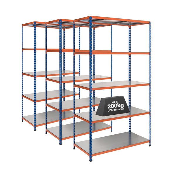 3x SX200 Industrial Shelving - 2440mm High - 200kg - Steel - Blue & Orange