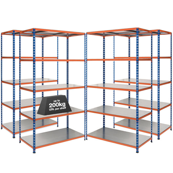 4x SX200 Industrial Shelving - 2440mm High - 200kg - Steel - Blue & Orange