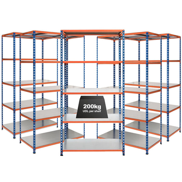 5x SX200 Industrial Shelving - 2440mm High - 200kg - Steel - Blue & Orange