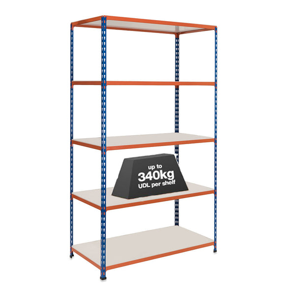 1x SX340 Industrial Shelving - 1980mm High - 340kg - Melamine - Blue & Orange