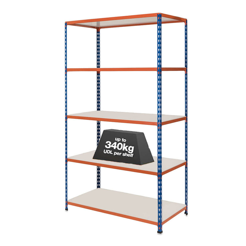 1x SX340 Industrial Shelving - 3050mm High - 340kg - Melamine - Blue & Orange