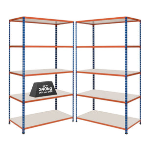 2x SX340 Industrial Shelving - 2440mm High - 340kg - Melamine - Blue & Orange