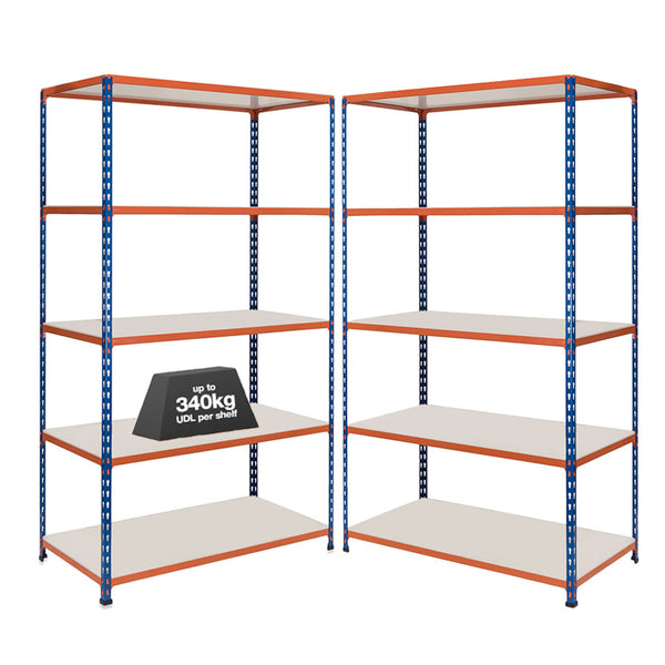 2x SX340 Industrial Shelving - 3050mm High - 340kg - Melamine - Blue & Orange