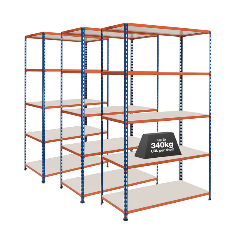 3x SX340 Industrial Shelving - 3050mm High - 340kg - Melamine - Blue & Orange
