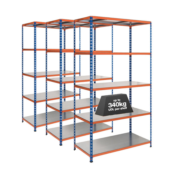 3x SX340 Industrial Shelving - 3050mm High - 340kg - Steel - Blue & Orange