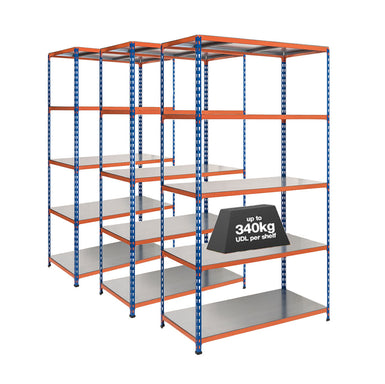 3x SX340 Industrial Shelving - 2440mm High - 340kg - Steel - Blue & Orange