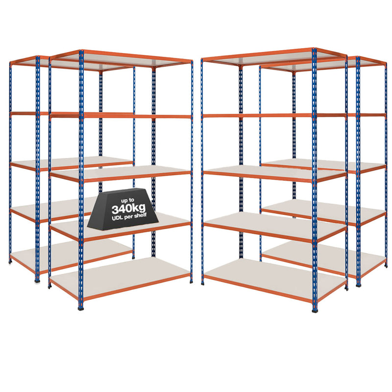 4x SX340 Industrial Shelving - 3050mm High - 340kg - Melamine - Blue & Orange