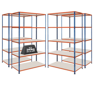 4x SX340 Industrial Shelving - 1980mm High - 340kg - Melamine - Blue & Orange