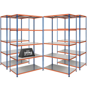 4x SX340 Industrial Shelving - 3050mm High - 340kg - Steel - Blue & Orange