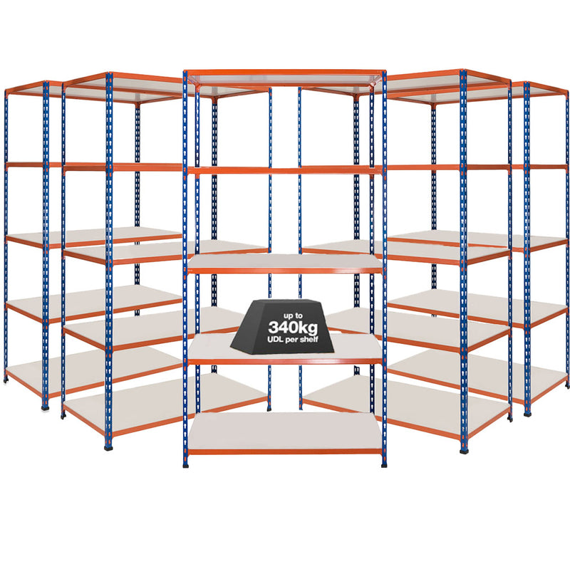 5x SX340 Industrial Shelving - 3050mm High - 340kg - Melamine - Blue & Orange